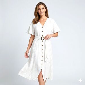 Calvin Klein Shirt Dress Size 14 White Button Front Metallic Seersucker Belted